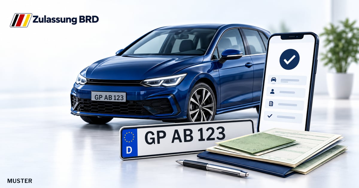 Online Fahrzeugzulassung in Süßen: Musterkennzeichen GP AB 123, Auto und Fahrzeugpapiere und Smartphone. Illustration mit Logo von Zulassung BRD.